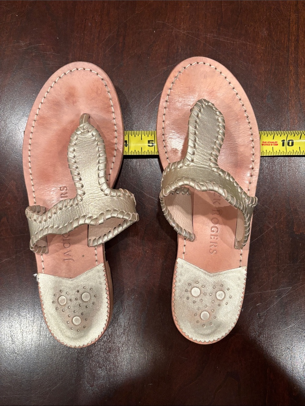 Jack Rogers Metallic Gold and Pink Leather Thong Sandals